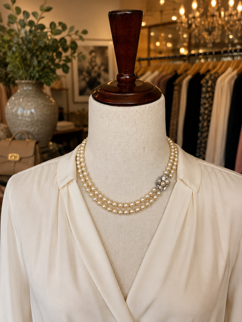 Vintage Double Strand Faux Pearl Necklace Rhinestone Clasp Classic Bride Elegant